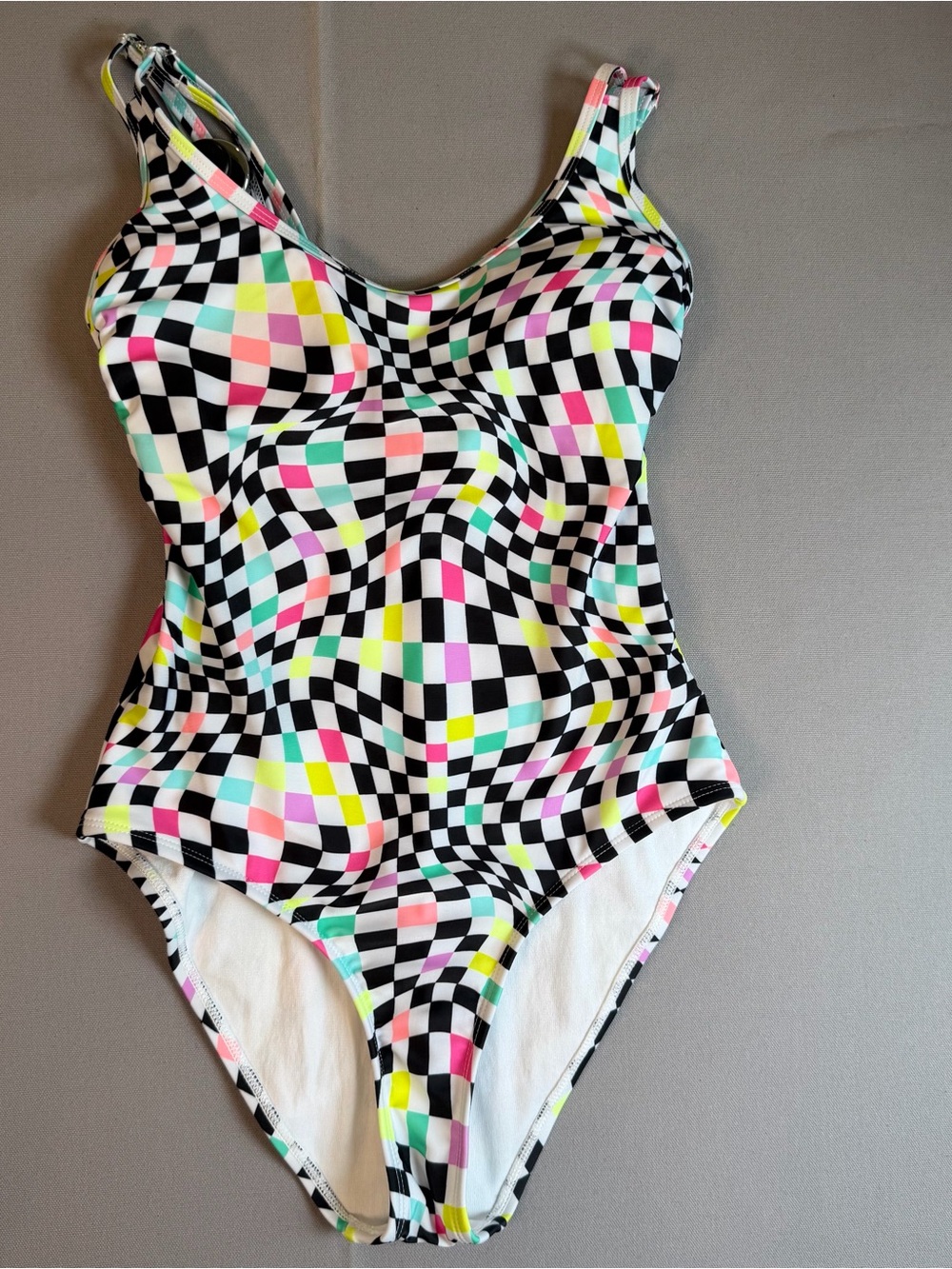 No Boundaries Juniors szS(3-5)Black Checkerboard One-Piece Swimsuit Neon Accents